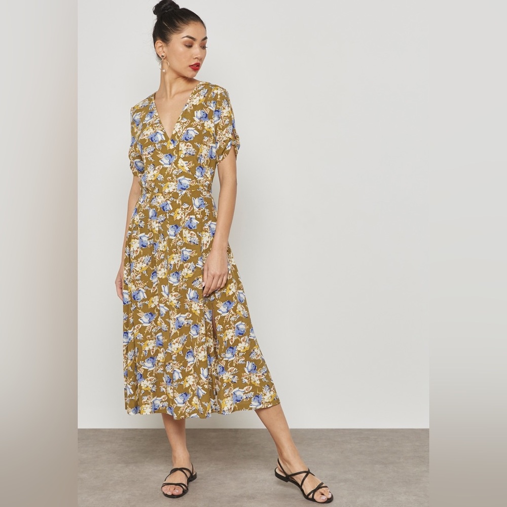MANGO Floral Printed Midi/Maxi Tea Dress in Green/Blue Size: 8 / L Large Midaxi